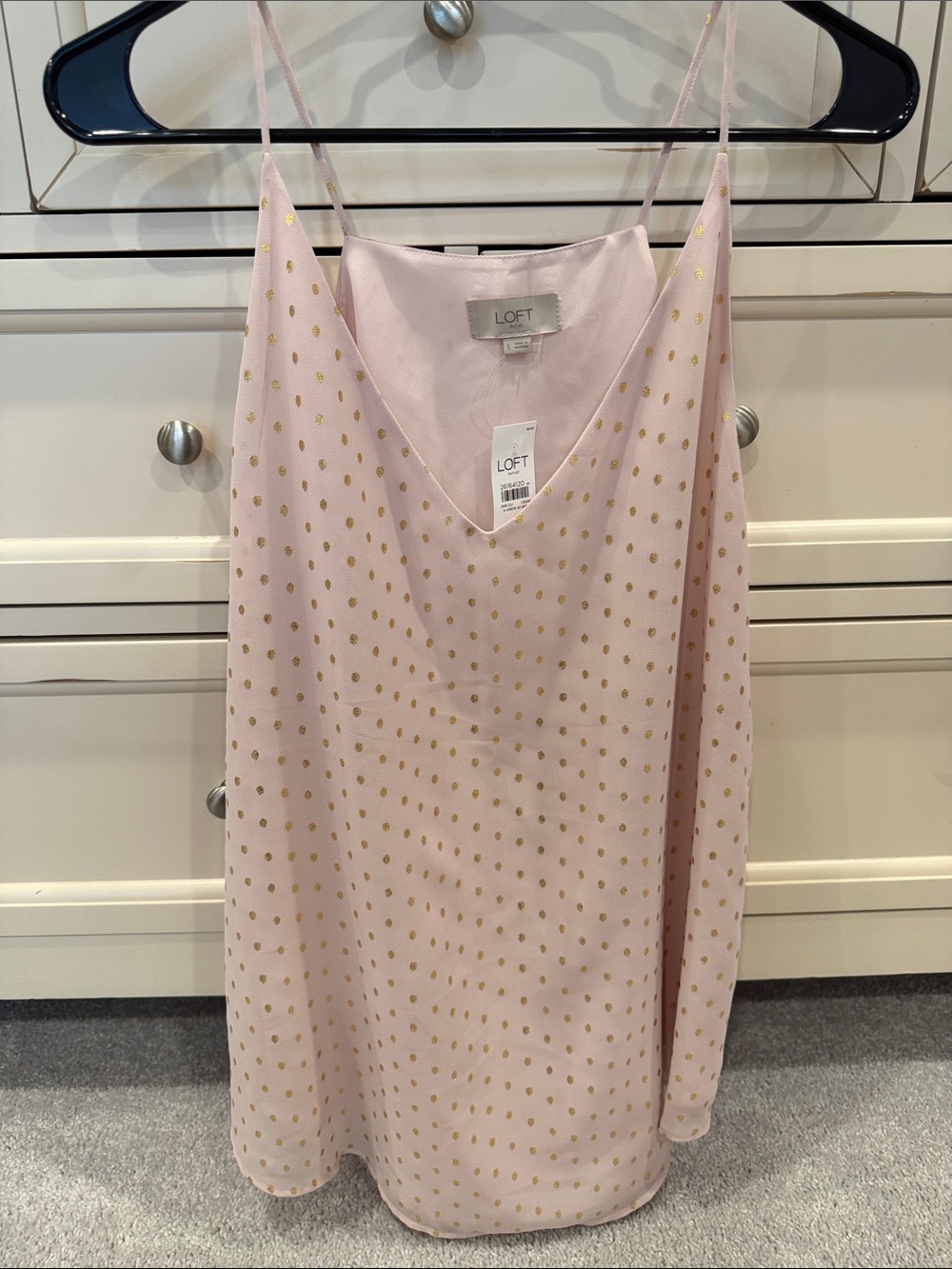 NWT LOFT Light Pink Silk Cami with Gold Polka Dots